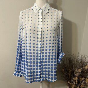 Sharagano Button Up Blouse Shirt Blue White Polka Dot Sheer Roll Tab Sleeve Sz L